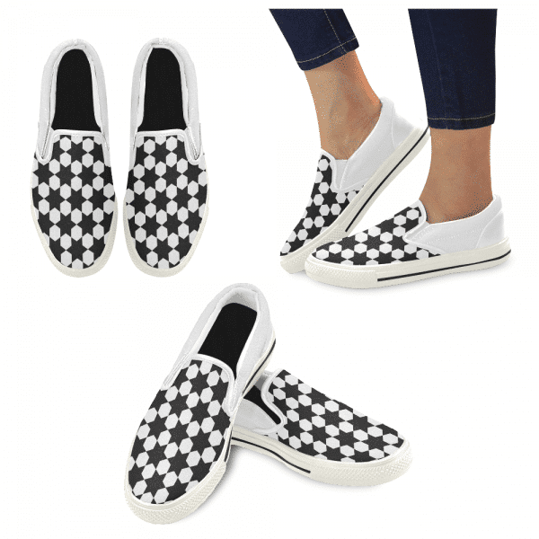 Womens slip on canvas shoes, white with black stars